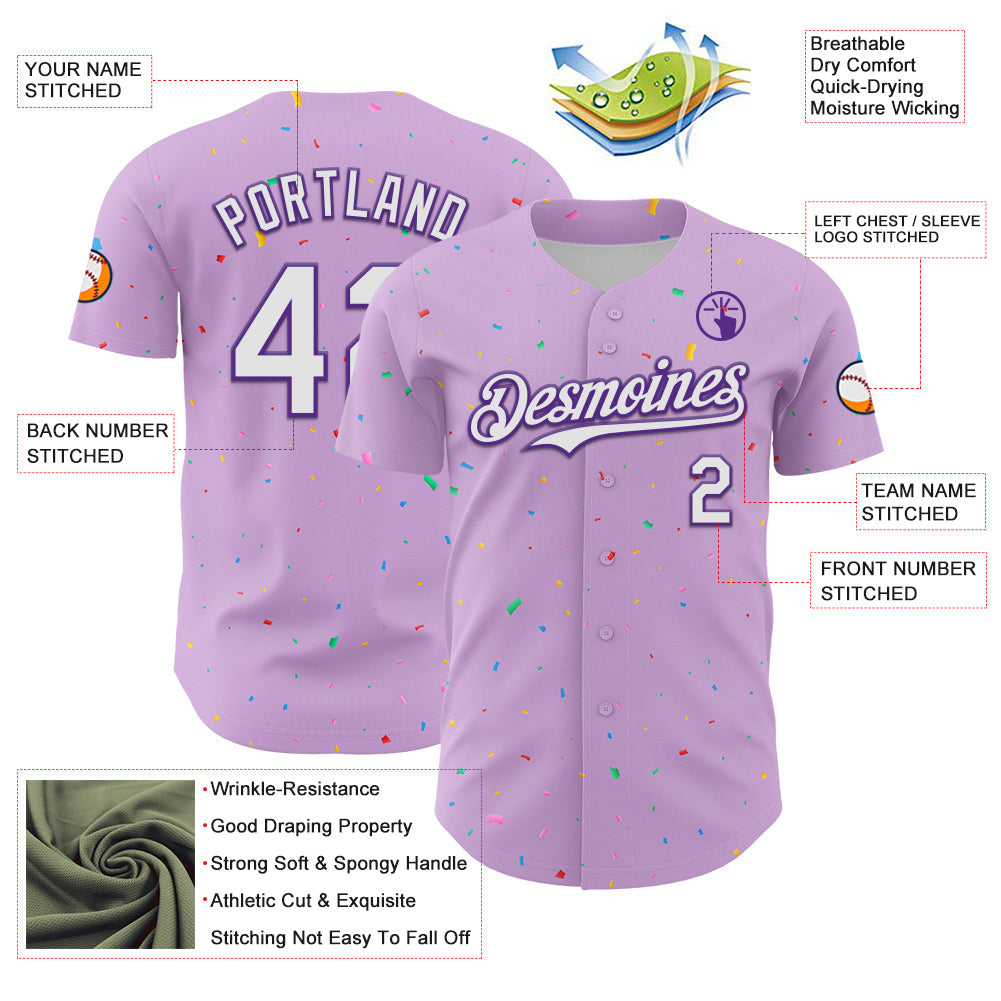 Custom Light Purple White-Purple 3D Pattern Design Confetti Colorful Speckle Authentic Baseball Jersey view 3