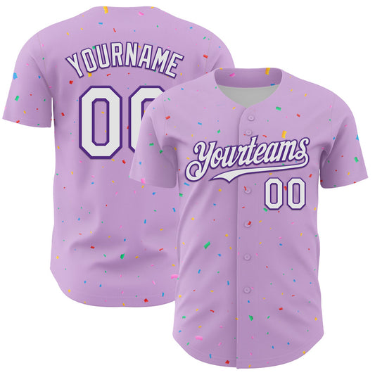 Custom Light Purple White-Purple 3D Pattern Design Confetti Colorful Speckle Authentic Baseball Jersey - Main View