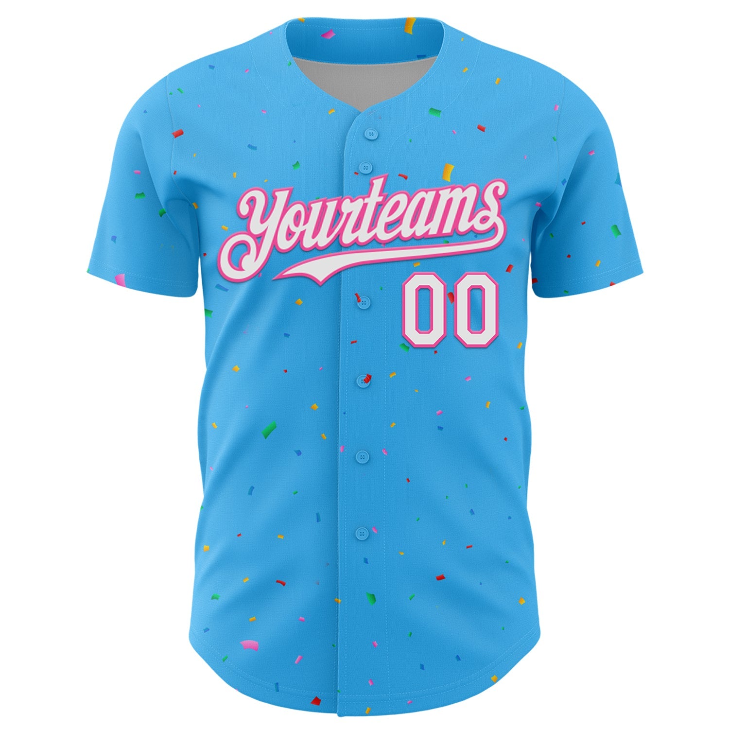Custom Sky Blue White-Pink 3D Pattern Design Confetti Colorful Speckle Authentic Baseball Jersey view 2