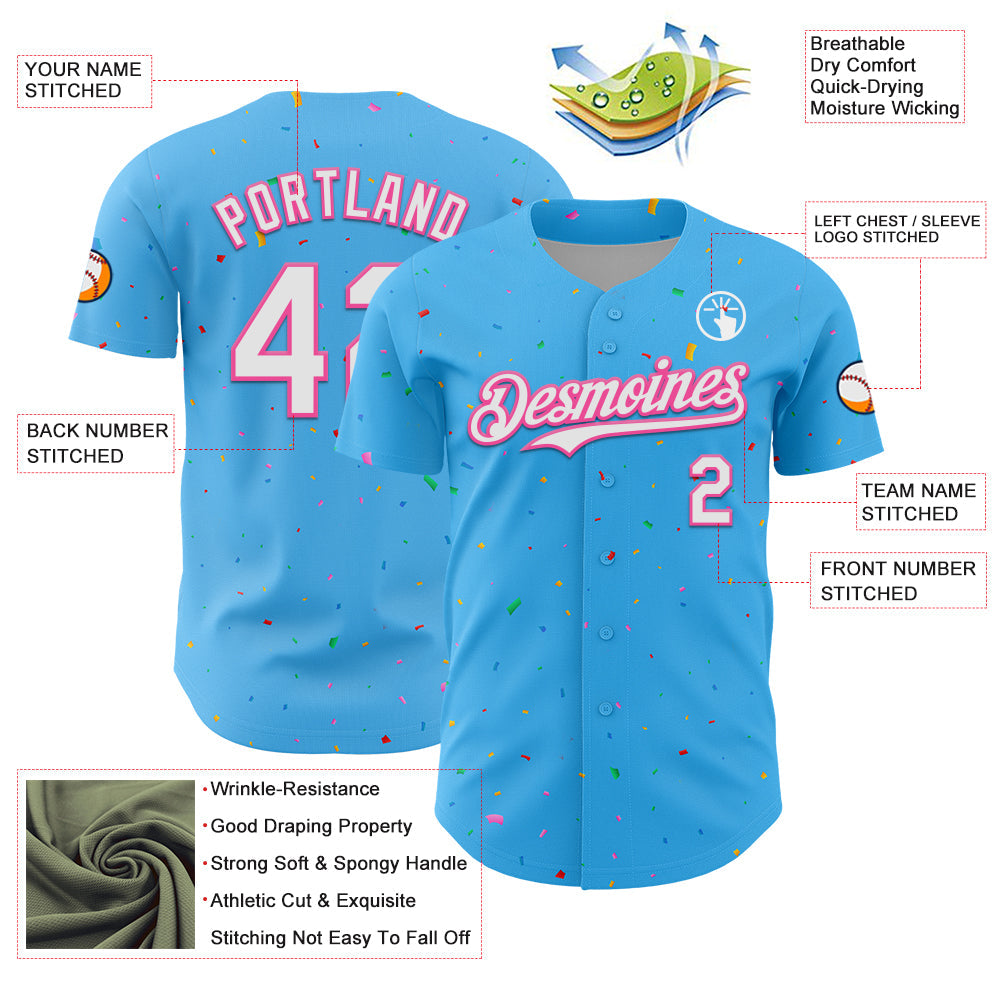 Custom Sky Blue White-Pink 3D Pattern Design Confetti Colorful Speckle Authentic Baseball Jersey view 3