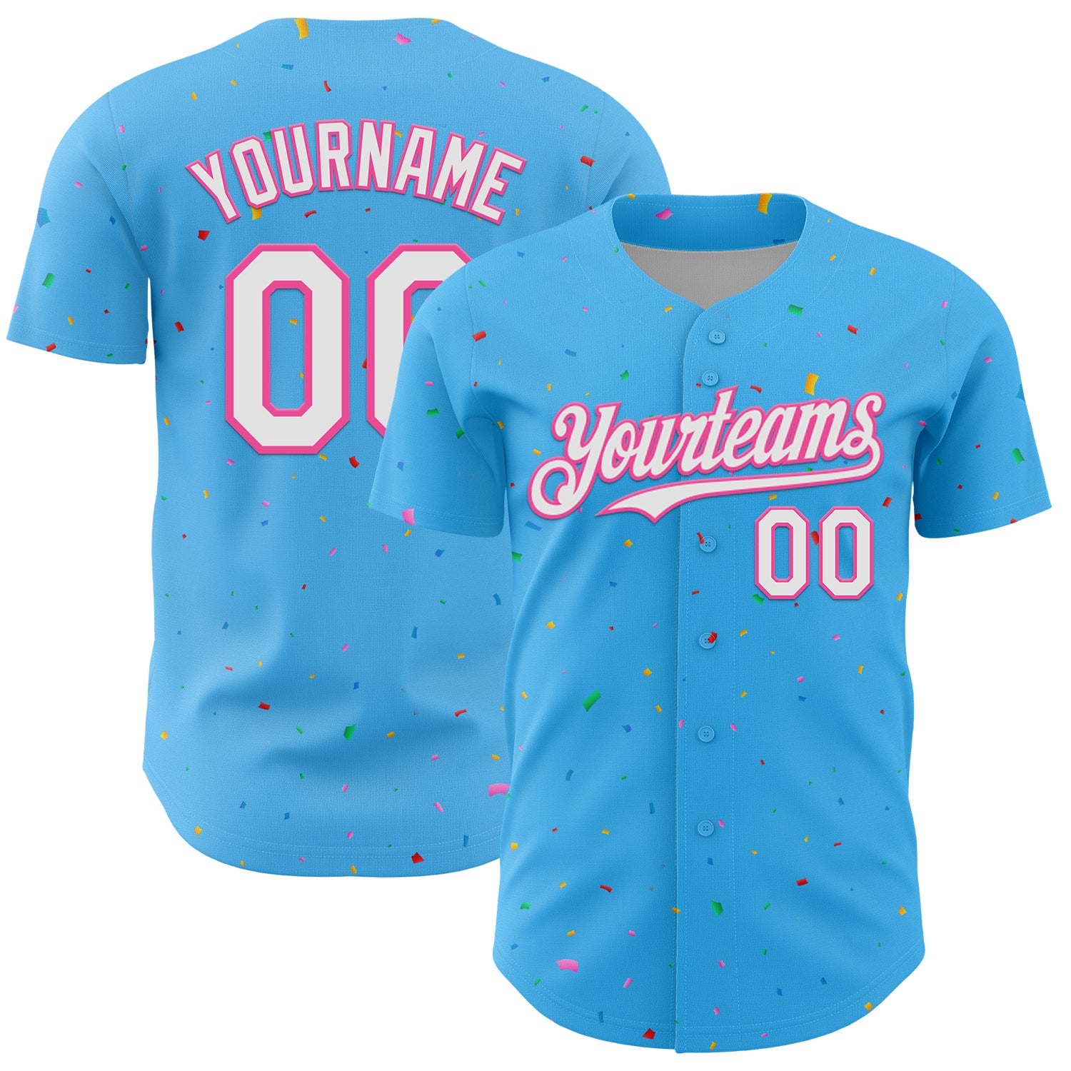 Custom Sky Blue White-Pink 3D Pattern Design Confetti Colorful Speckle Authentic Baseball Jersey - Main View