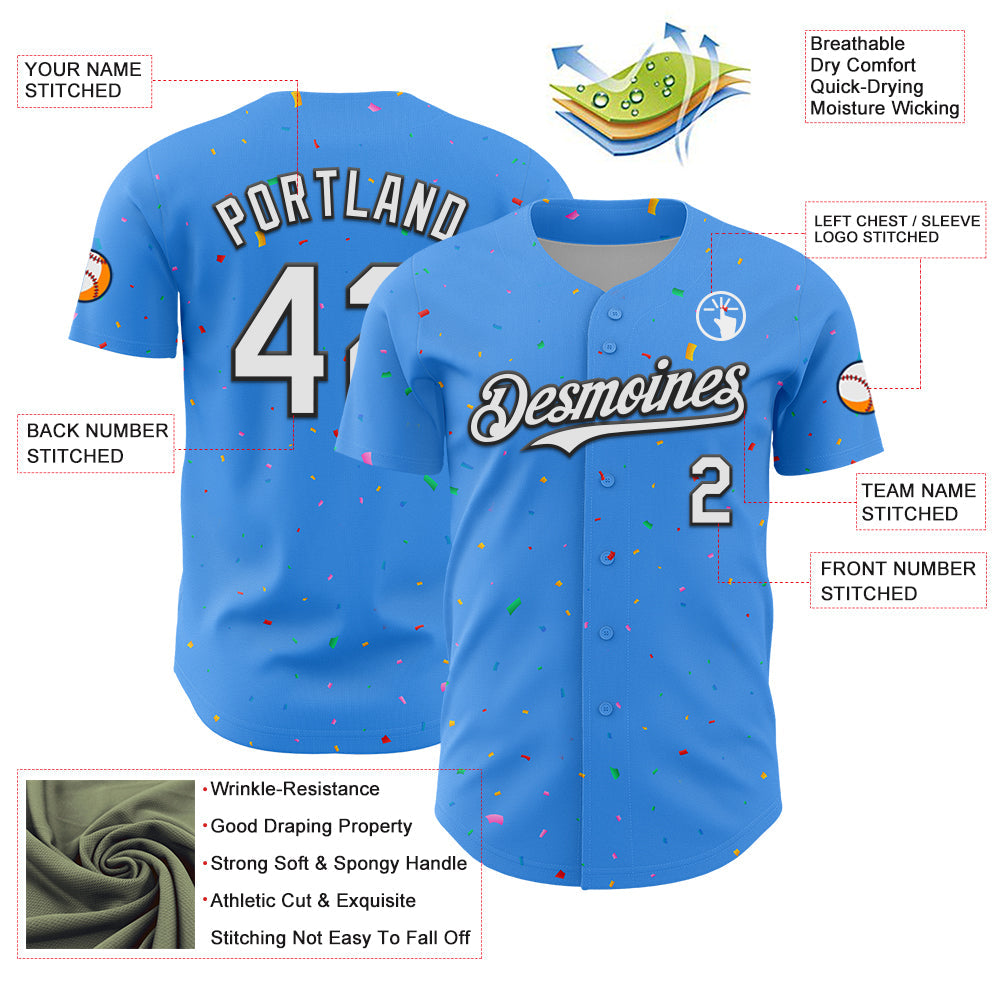 Custom Electric Blue White-Black 3D Pattern Design Confetti Colorful Speckle Authentic Baseball Jersey view 3