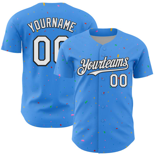 Custom Electric Blue White-Black 3D Pattern Design Confetti Colorful Speckle Authentic Baseball Jersey - Main View