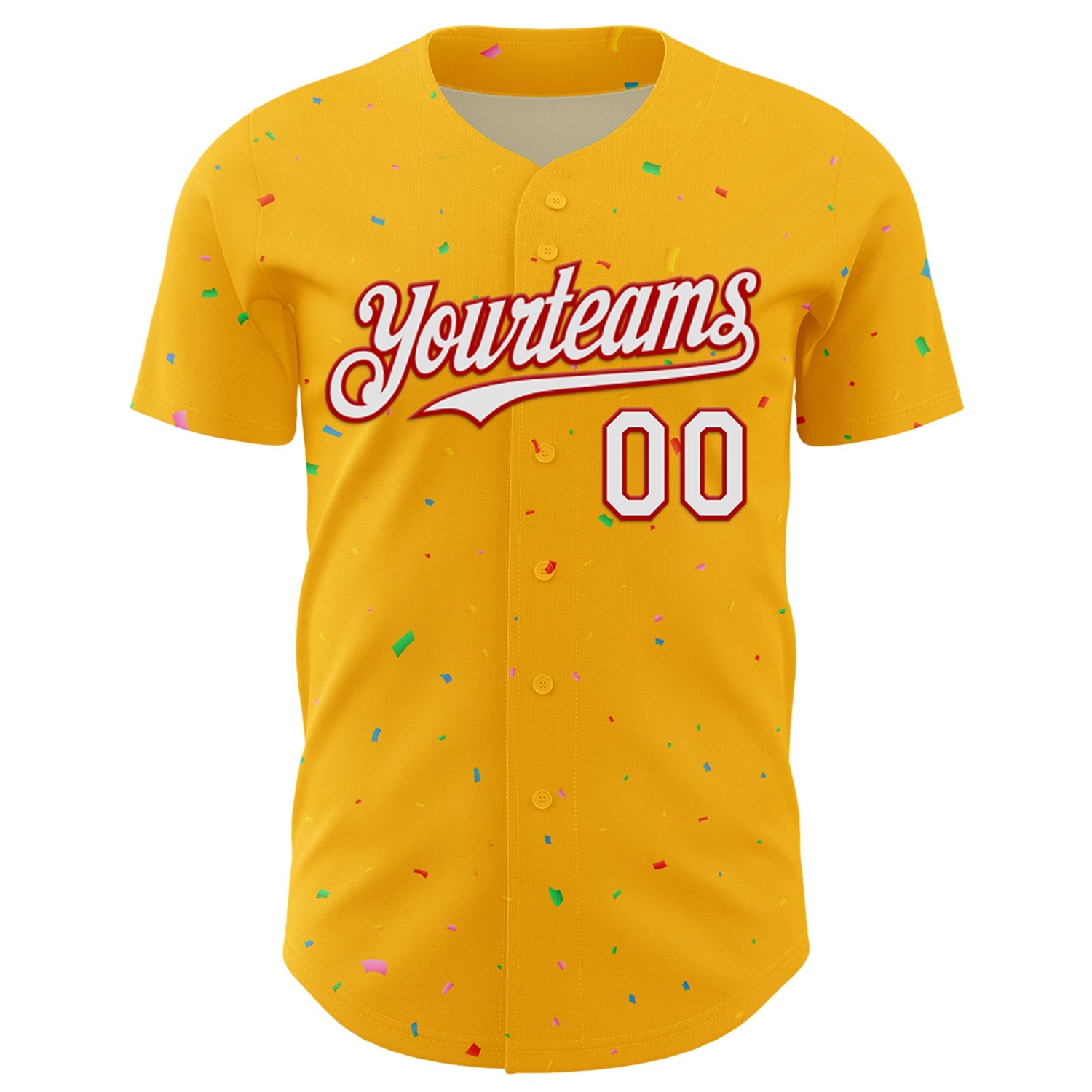 Custom Gold White-Red 3D Pattern Design Confetti Colorful Speckle Authentic Baseball Jersey view 2