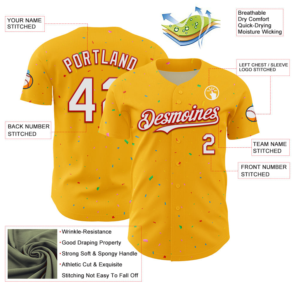 Custom Gold White-Red 3D Pattern Design Confetti Colorful Speckle Authentic Baseball Jersey view 3