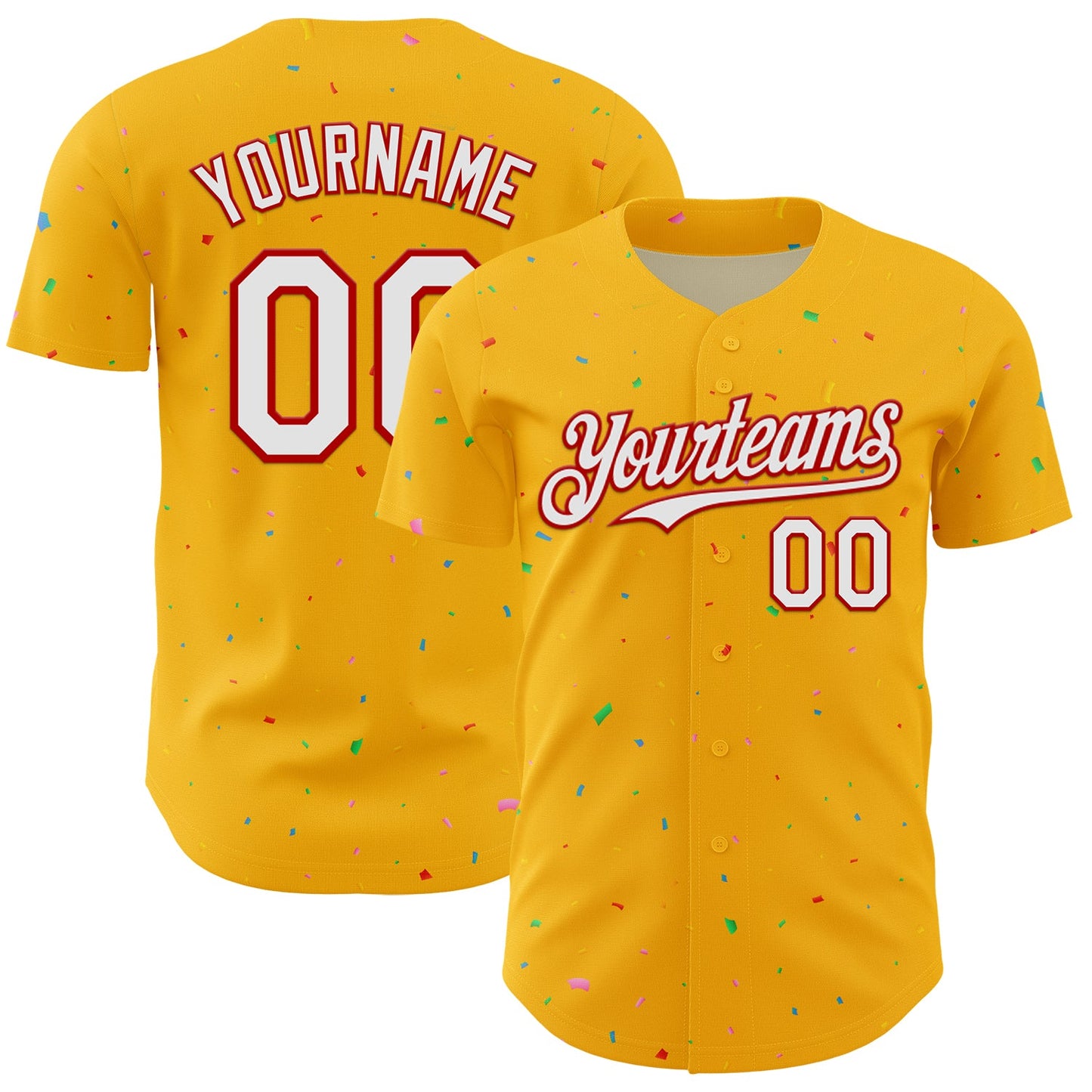 Custom Gold White-Red 3D Pattern Design Confetti Colorful Speckle Authentic Baseball Jersey - Main View