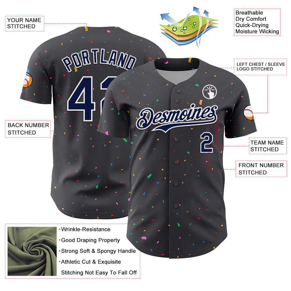 Custom Steel Gray Navy-White 3D Pattern Design Confetti Colorful Speckle Authentic Baseball Jersey view 3