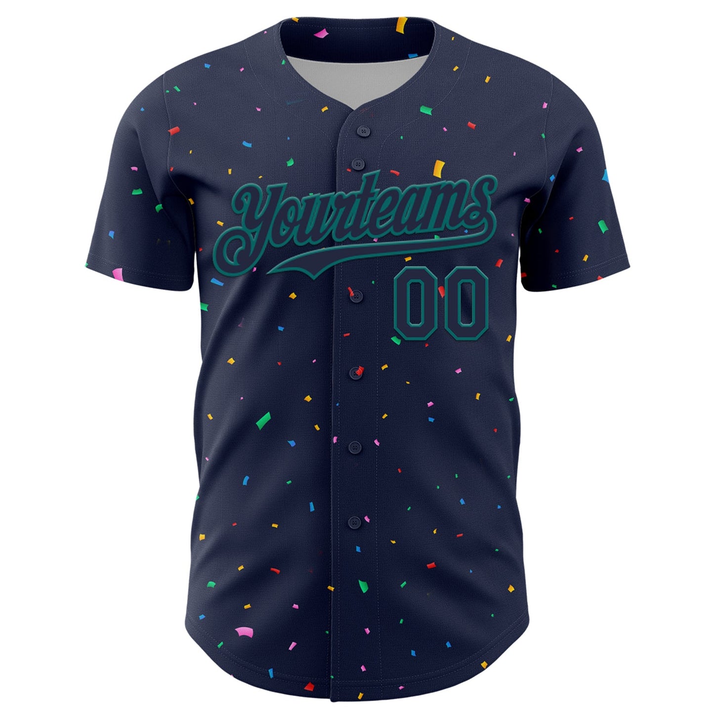 Custom Navy Teal 3D Pattern Design Confetti Colorful Speckle Authentic Baseball Jersey view 2