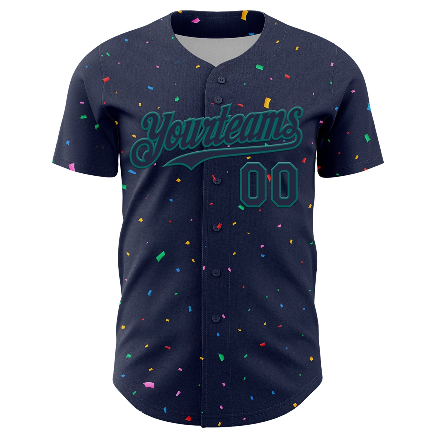 Custom Navy Teal 3D Pattern Design Confetti Colorful Speckle Authentic Baseball Jersey view 2