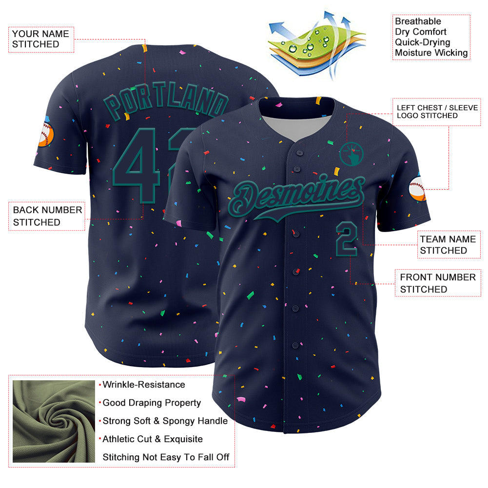 Custom Navy Teal 3D Pattern Design Confetti Colorful Speckle Authentic Baseball Jersey view 3