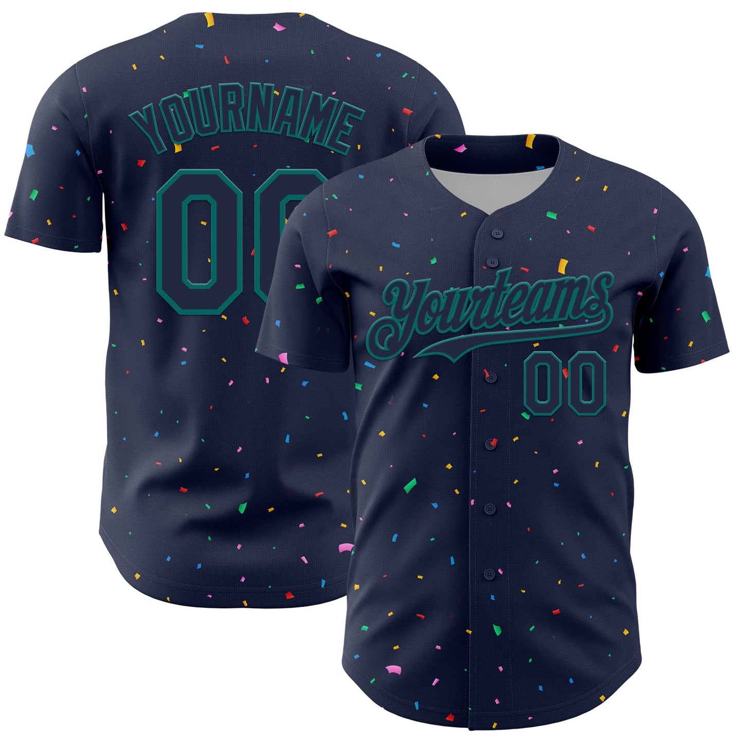 Custom Navy Teal 3D Pattern Design Confetti Colorful Speckle Authentic Baseball Jersey - Main View