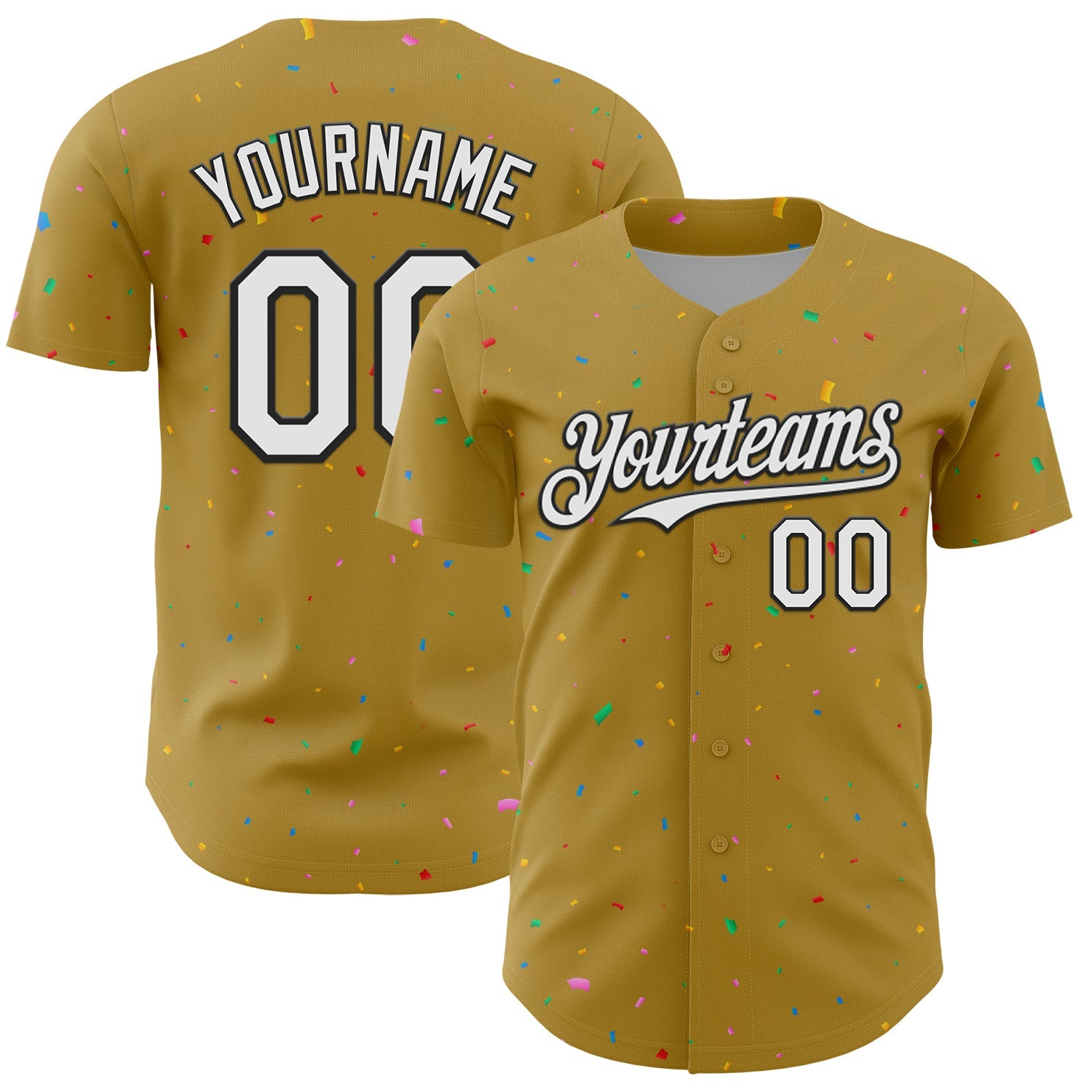 Custom Old Gold White-Black 3D Pattern Design Confetti Colorful Speckle Authentic Baseball Jersey - Main View
