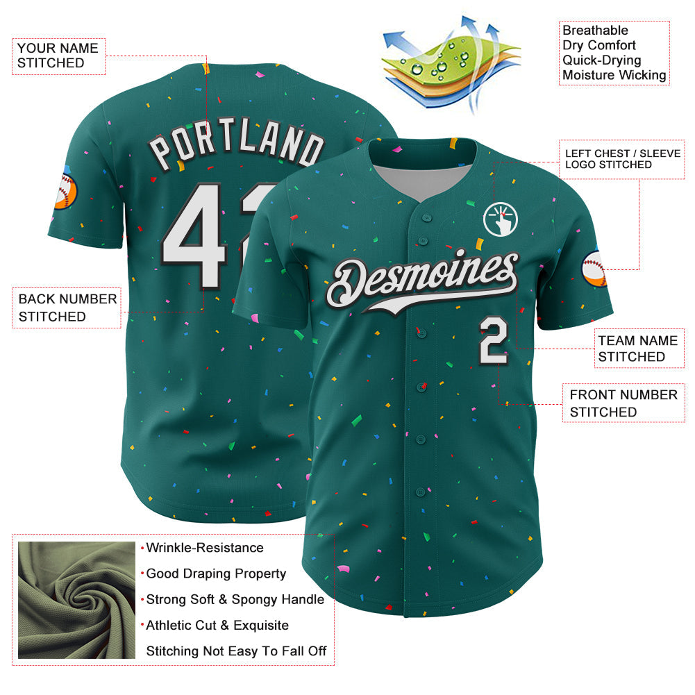 Custom Teal White-Black 3D Pattern Design Confetti Colorful Speckle Authentic Baseball Jersey view 3