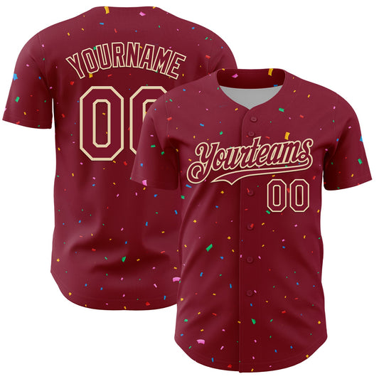 Custom Crimson Cream 3D Pattern Design Confetti Colorful Speckle Authentic Baseball Jersey - Main View