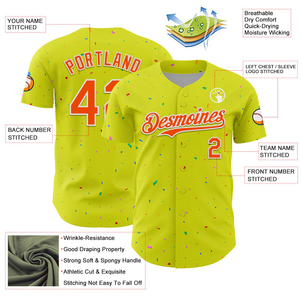 Custom Neon Yellow White-Black 3D Pattern Design Confetti Colorful Speckle Authentic Baseball Jersey view 3