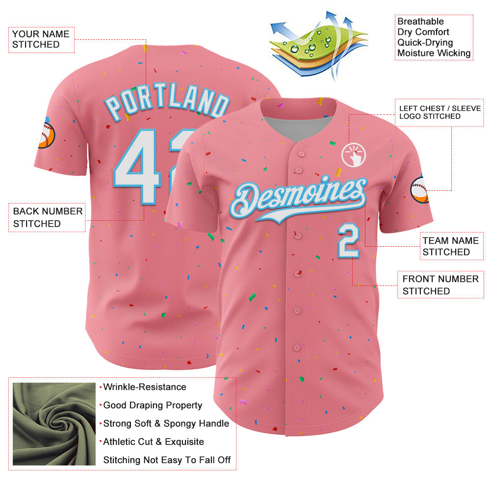 Custom Medium Pink White-Sky Blue 3D Pattern Design Confetti Colorful Speckle Authentic Baseball Jersey view 3