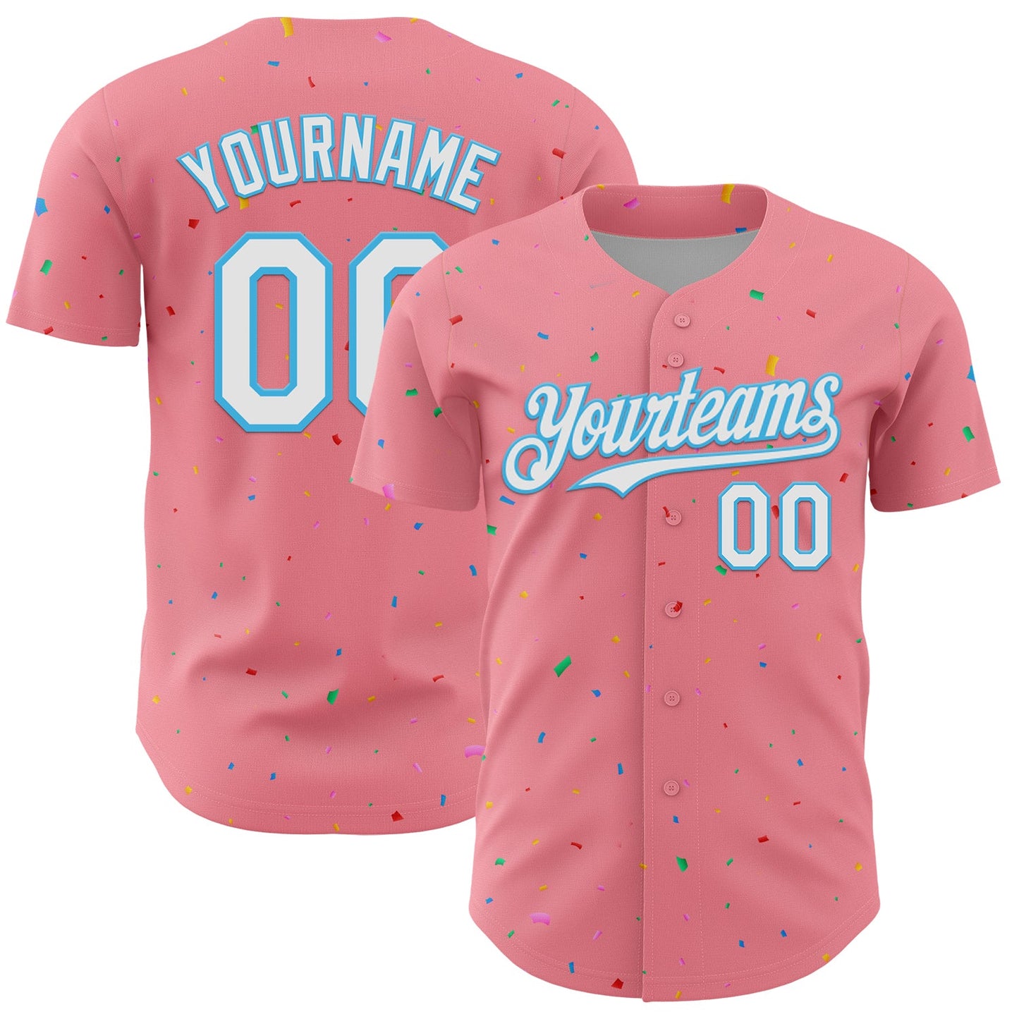 Custom Medium Pink White-Sky Blue 3D Pattern Design Confetti Colorful Speckle Authentic Baseball Jersey - Main View