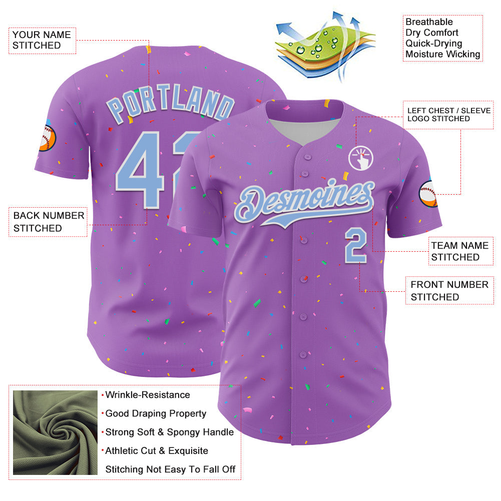 Custom Medium Purple Light Blue-White 3D Pattern Design Confetti Colorful Speckle Authentic Baseball Jersey view 3