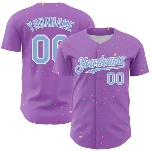 Custom Medium Purple Light Blue-White 3D Pattern Design Confetti Colorful Speckle Authentic Baseball Jersey - Main View