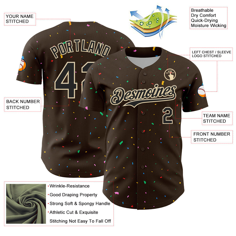 Custom Brown Black-Cream 3D Pattern Design Confetti Colorful Speckle Authentic Baseball Jersey view 3