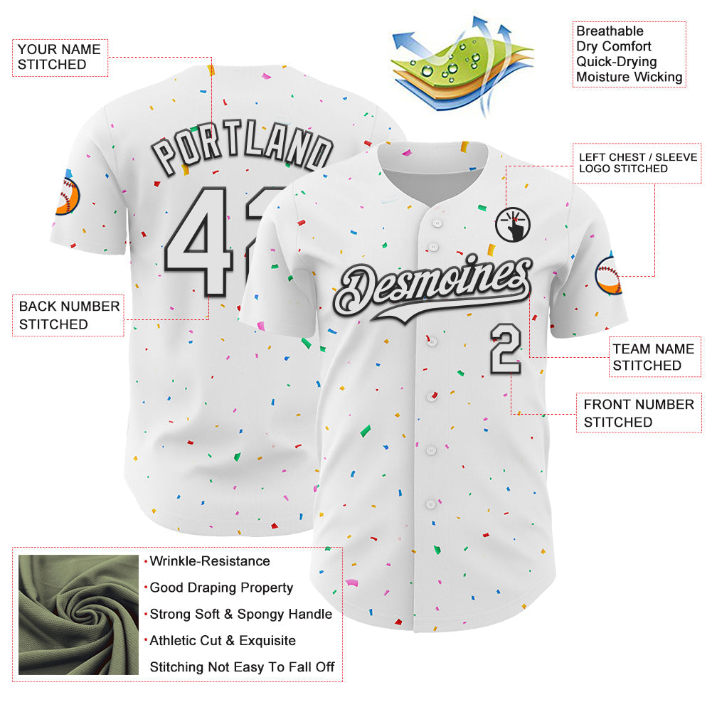 Custom White Black 3D Pattern Design Confetti Colorful Speckle Authentic Baseball Jersey view 3