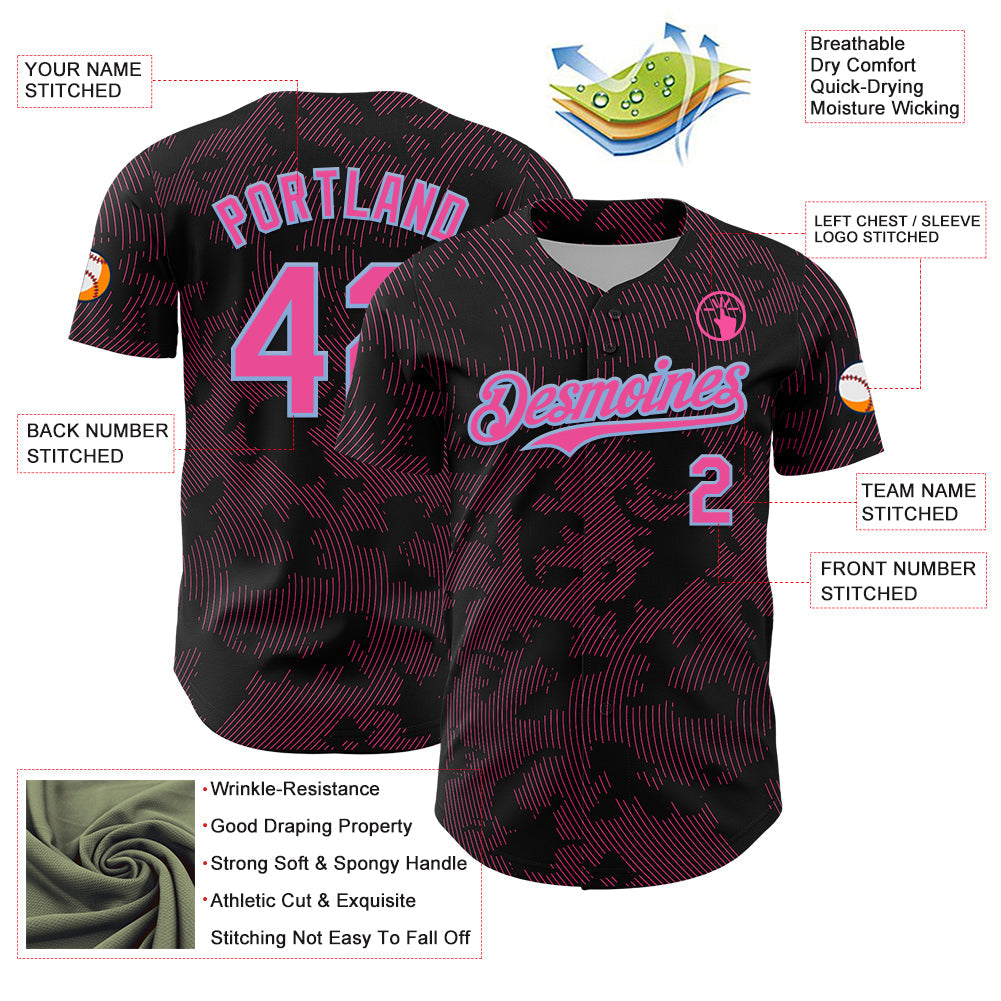 Custom Black Pink-Light Blue Curve Lines Authentic Baseball Jersey view 3