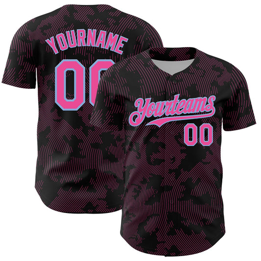 Custom Black Pink-Light Blue Curve Lines Authentic Baseball Jersey - Main View