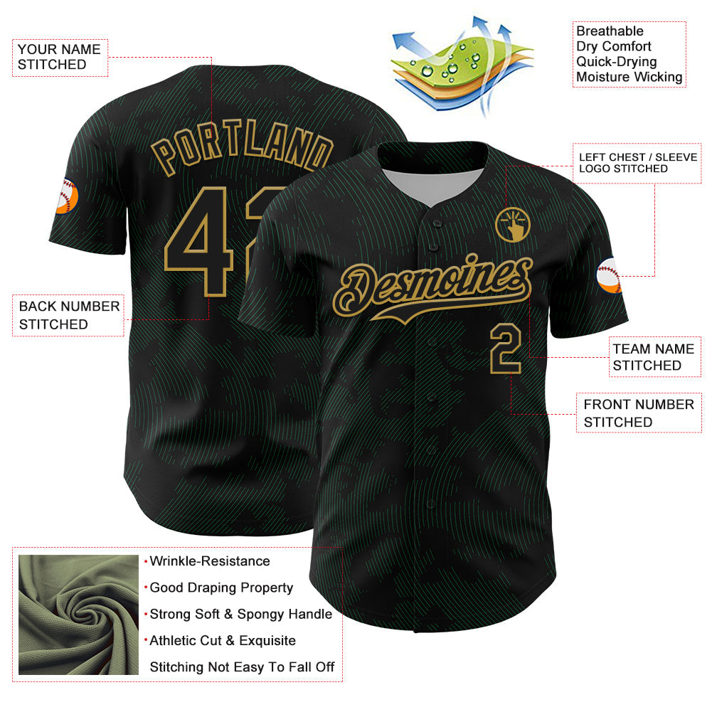 Custom Black Kelly Green-Old Gold Curve Lines Authentic Baseball Jersey view 3