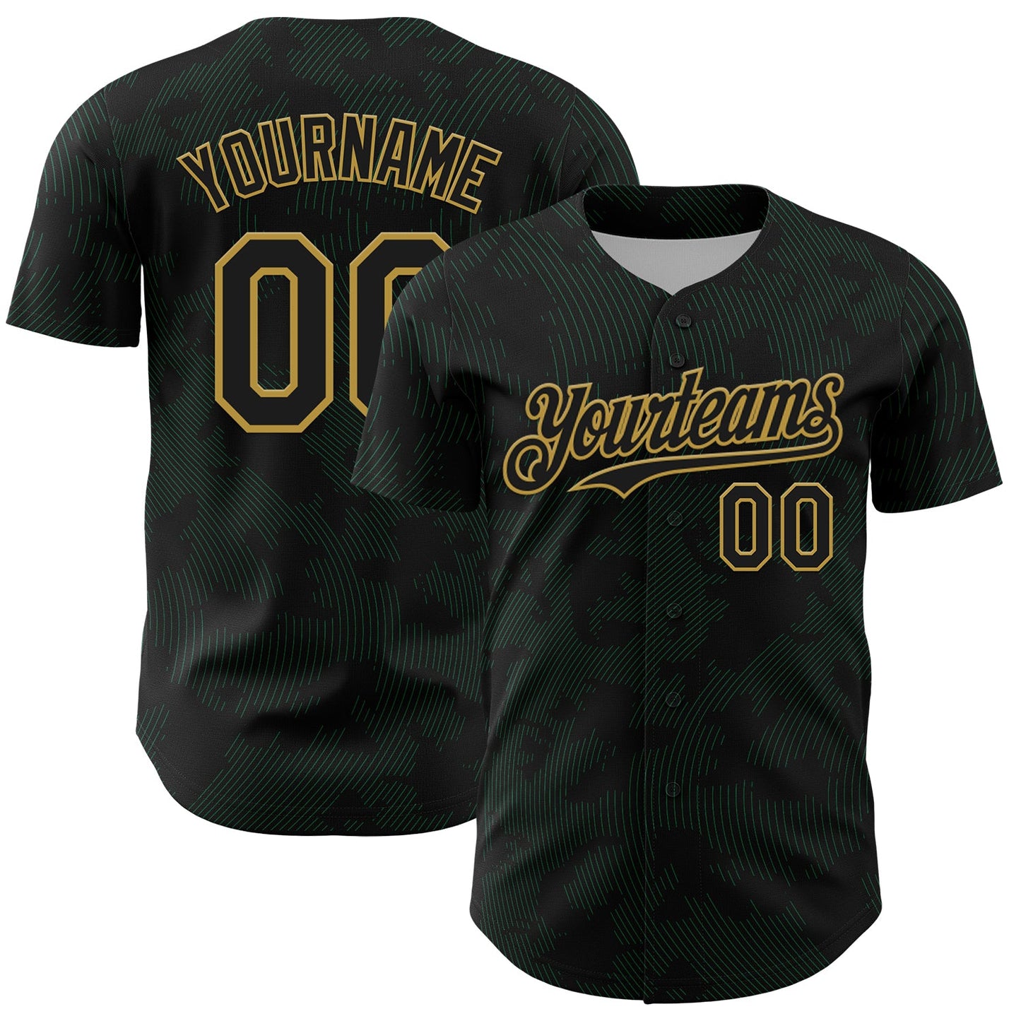 Custom Black Kelly Green-Old Gold Curve Lines Authentic Baseball Jersey - Main View