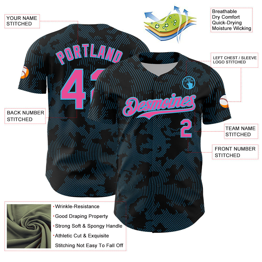 Custom Black Pink-Sky Blue Curve Lines Authentic Baseball Jersey view 3