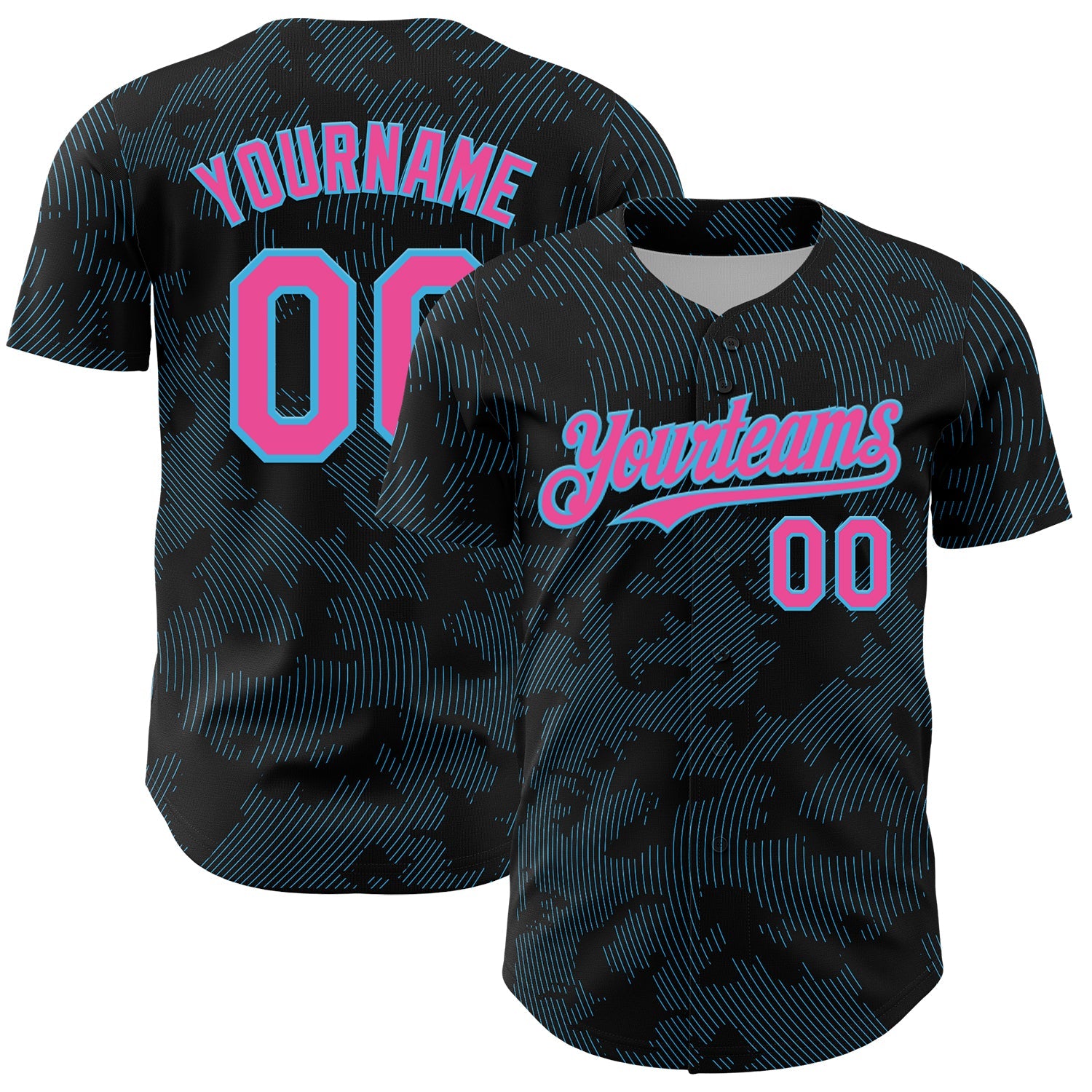 Custom Black Pink-Sky Blue Curve Lines Authentic Baseball Jersey - Main View