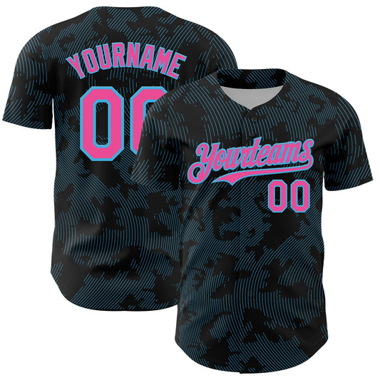 Custom Black Pink-Sky Blue Curve Lines Authentic Baseball Jersey - Main View