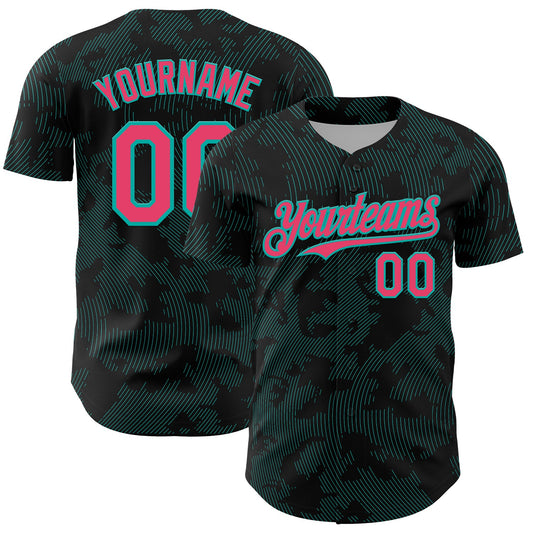 Custom Black Neon Pink-Aqua Curve Lines Authentic Baseball Jersey - Main View