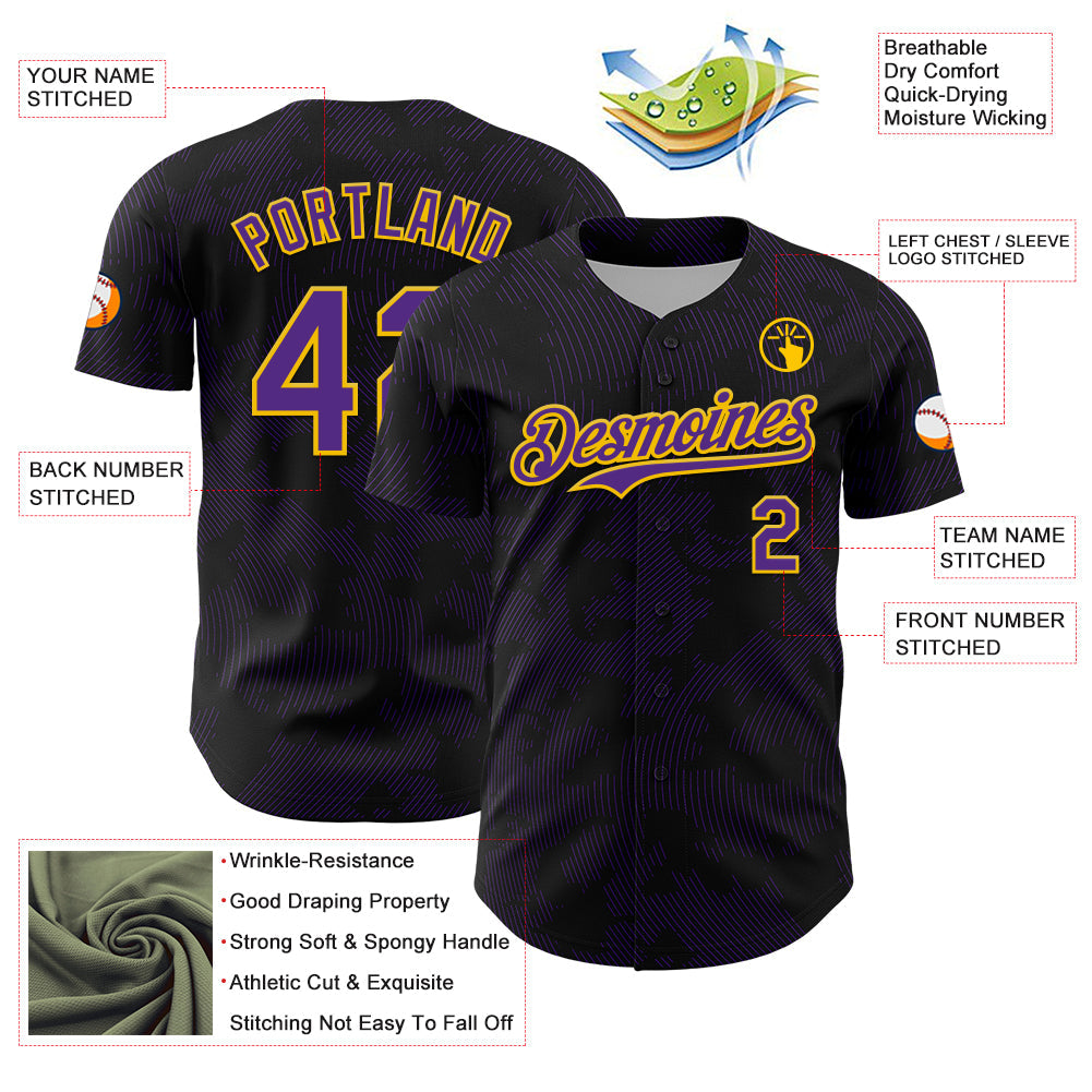 Custom Black Purple-Yellow Curve Lines Authentic Baseball Jersey view 3