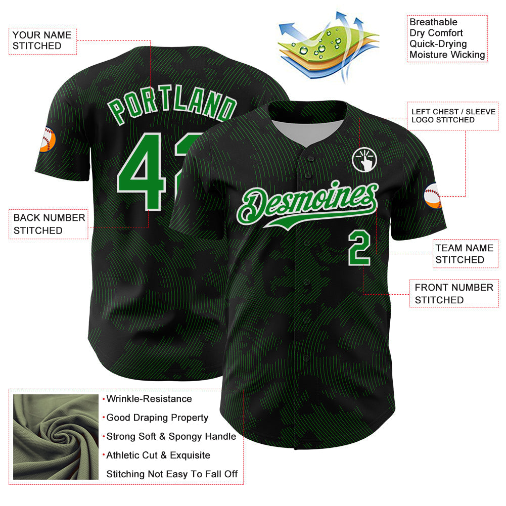 Custom Black Grass Green-White Curve Lines Authentic Baseball Jersey view 3