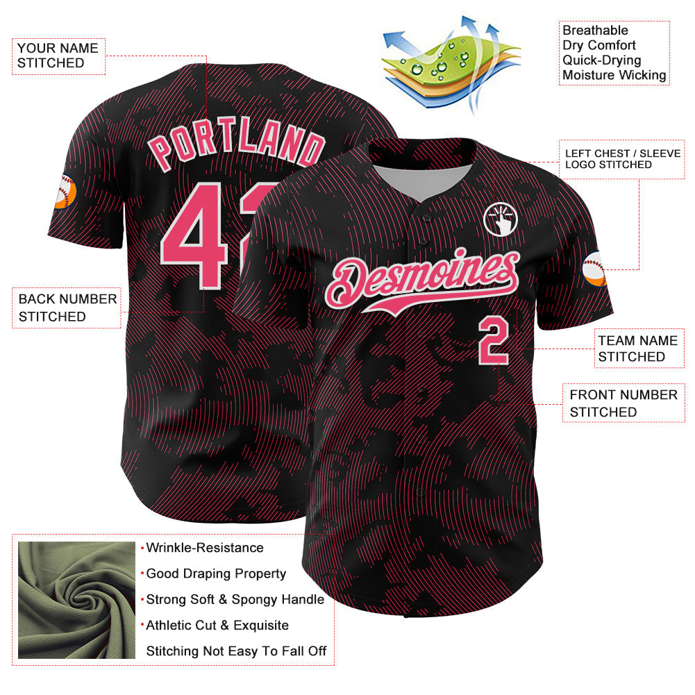 Custom Black Neon Pink-White Curve Lines Authentic Baseball Jersey view 3
