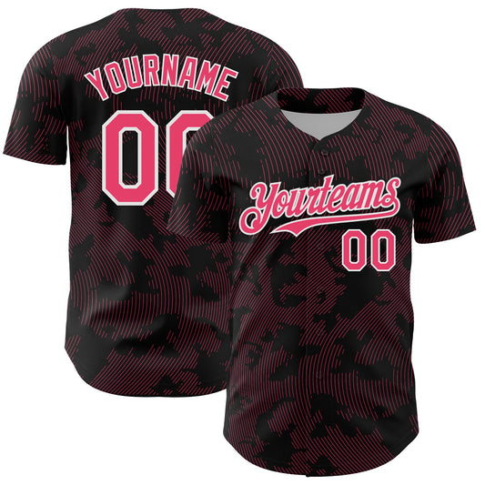 Custom Black Neon Pink-White Curve Lines Authentic Baseball Jersey - Main View