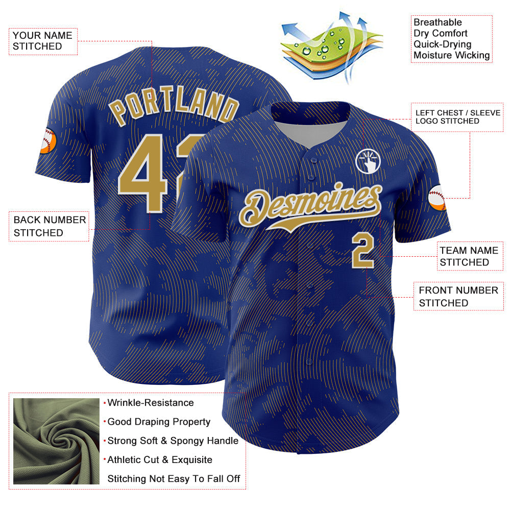 Custom Royal Old Gold-White Curve Lines Authentic Baseball Jersey view 3