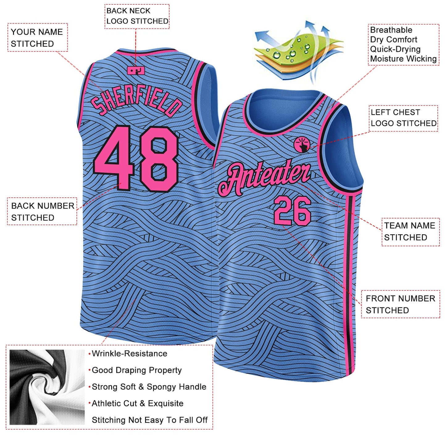 Custom Light Blue Pink-Black Authentic City Edition Basketball Jersey view 2