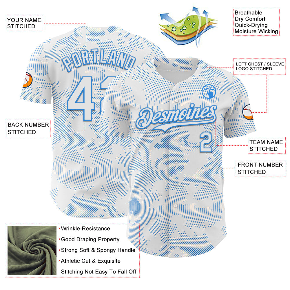 Custom White Electric Blue Curve Lines Authentic Baseball Jersey view 3
