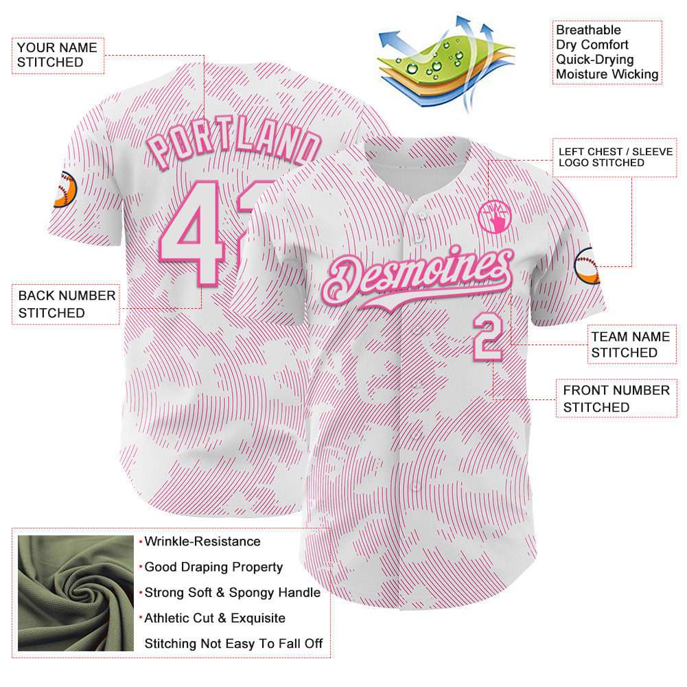 Custom White Pink Curve Lines Authentic Baseball Jersey view 3