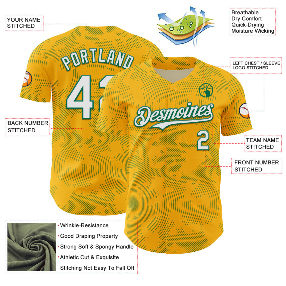 Custom Gold White-Kelly Green Curve Lines Authentic Baseball Jersey view 3