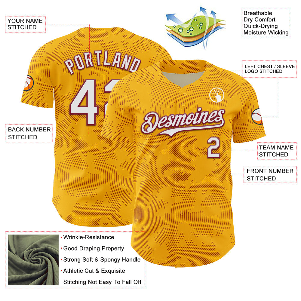 Custom Gold White-Crimson Curve Lines Authentic Baseball Jersey view 3