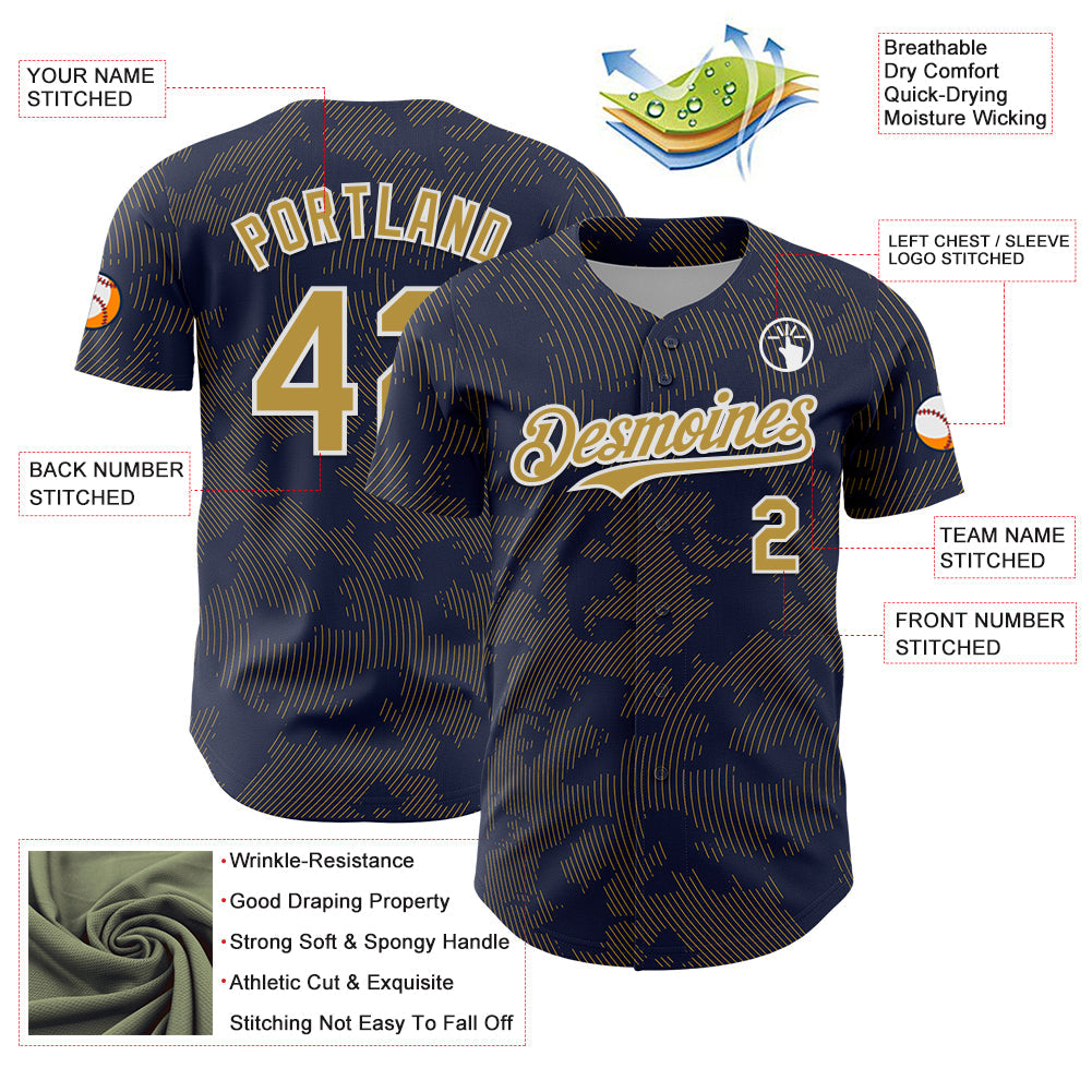 Custom Navy Old Gold-White Curve Lines Authentic Baseball Jersey view 3