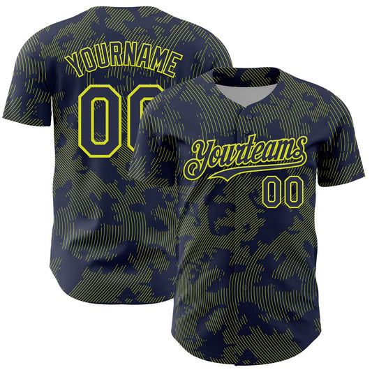 Custom Navy Neon Yellow Curve Lines Authentic Baseball Jersey - Main View