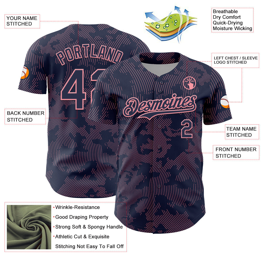 Custom Navy Medium Pink Curve Lines Authentic Baseball Jersey view 3