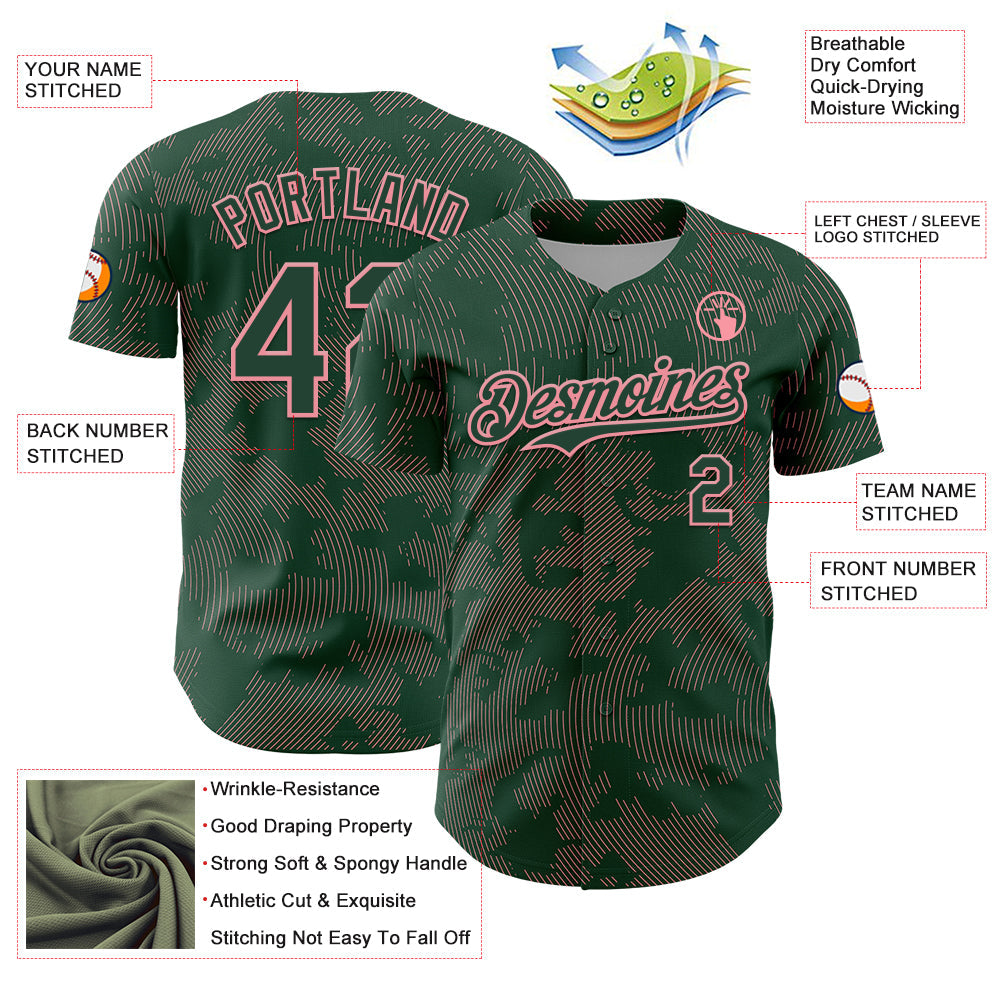 Custom Green Medium Pink Curve Lines Authentic Baseball Jersey view 3
