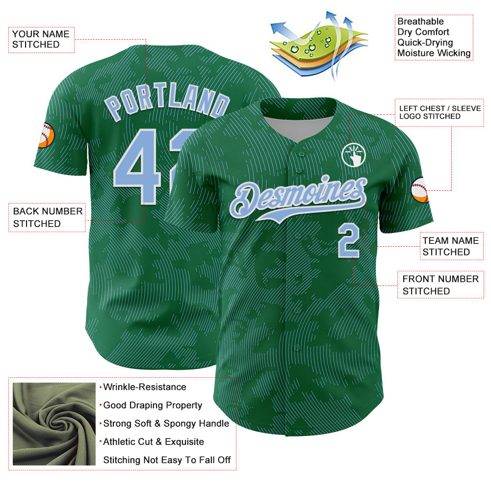 Custom Kelly Green Light Blue-White Curve Lines Authentic Baseball Jersey view 3