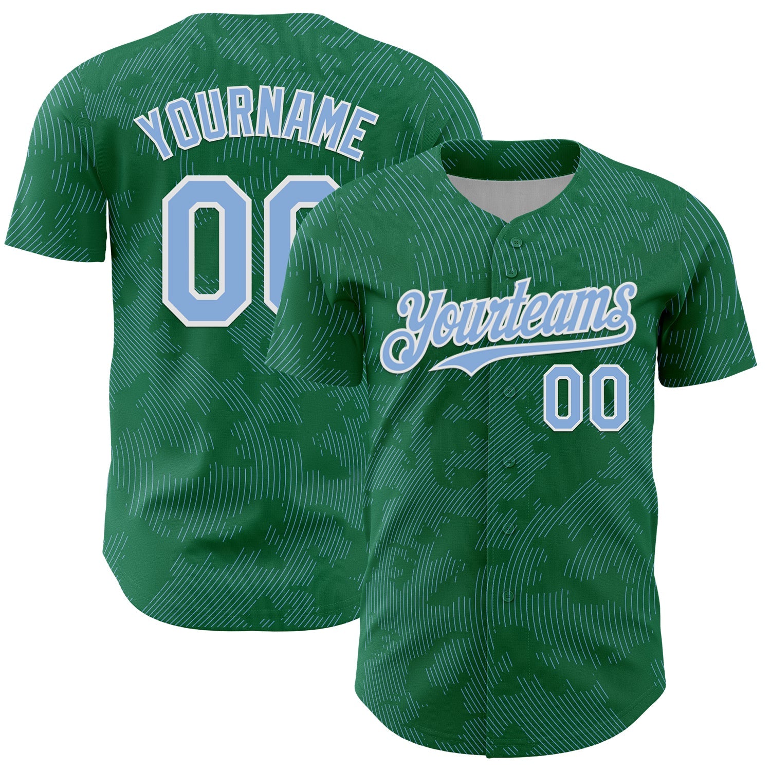 Custom Kelly Green Light Blue-White Curve Lines Authentic Baseball Jersey - Main View