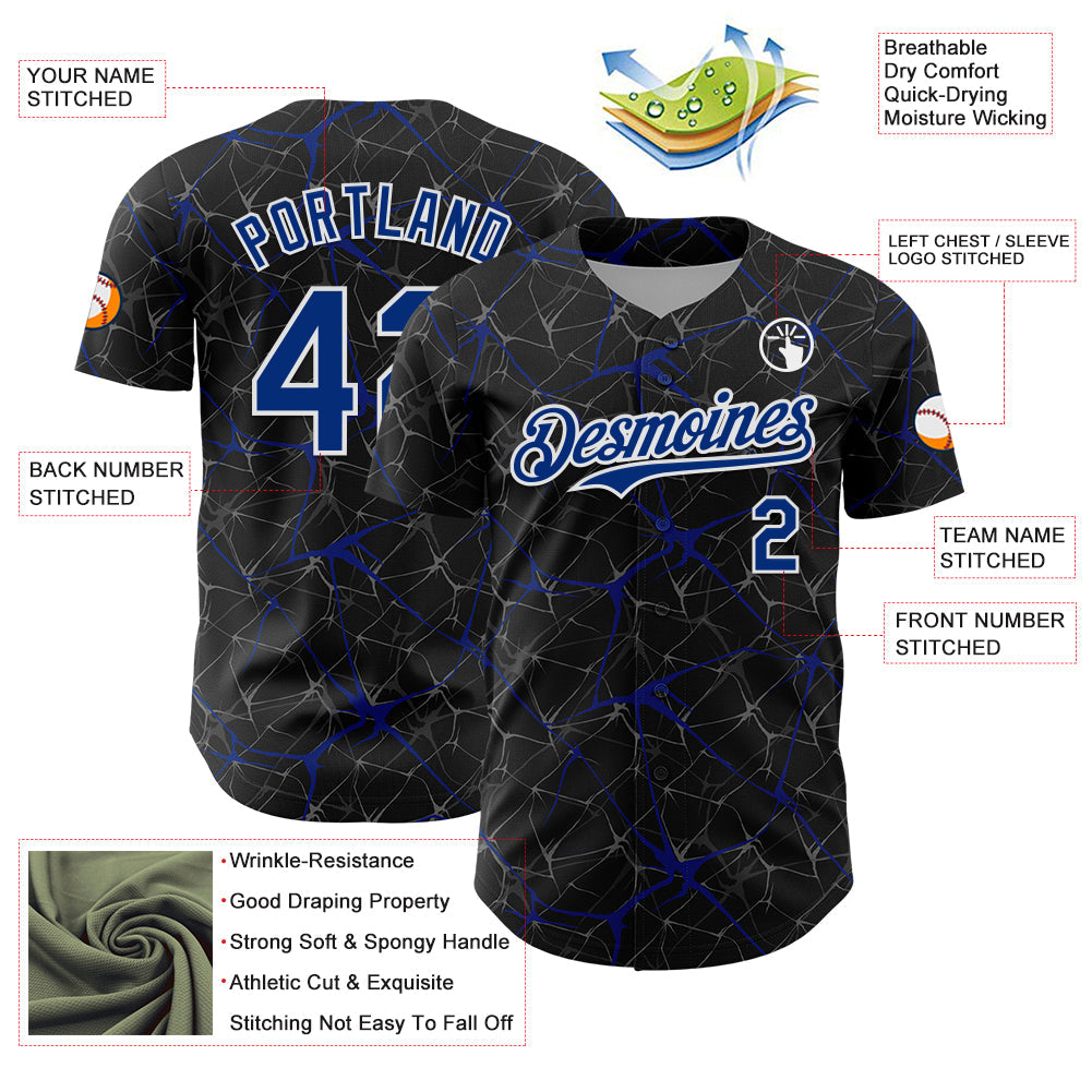 Custom Black Royal-White 3D Pattern Design Abstract Network Authentic Baseball Jersey view 3